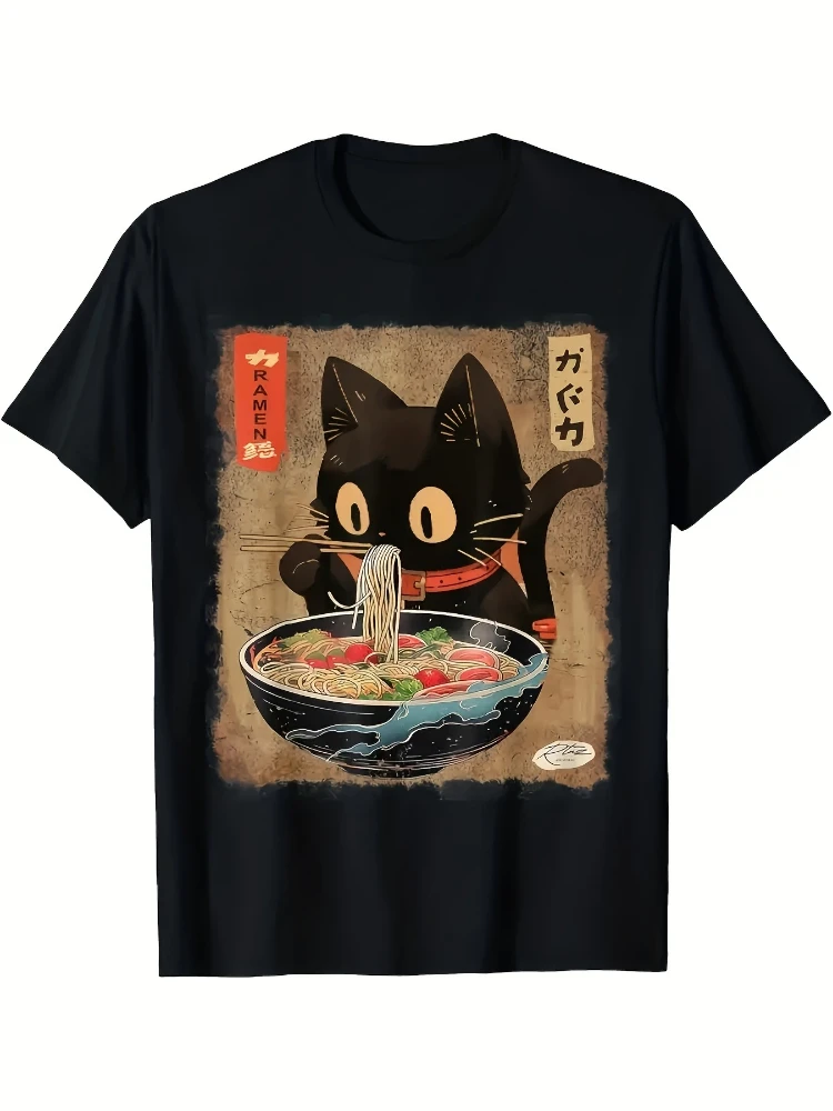 

Cat Ramen Anime pattern design -100% cotton summer short sleeve O-neck casual printed men's T-shirt.