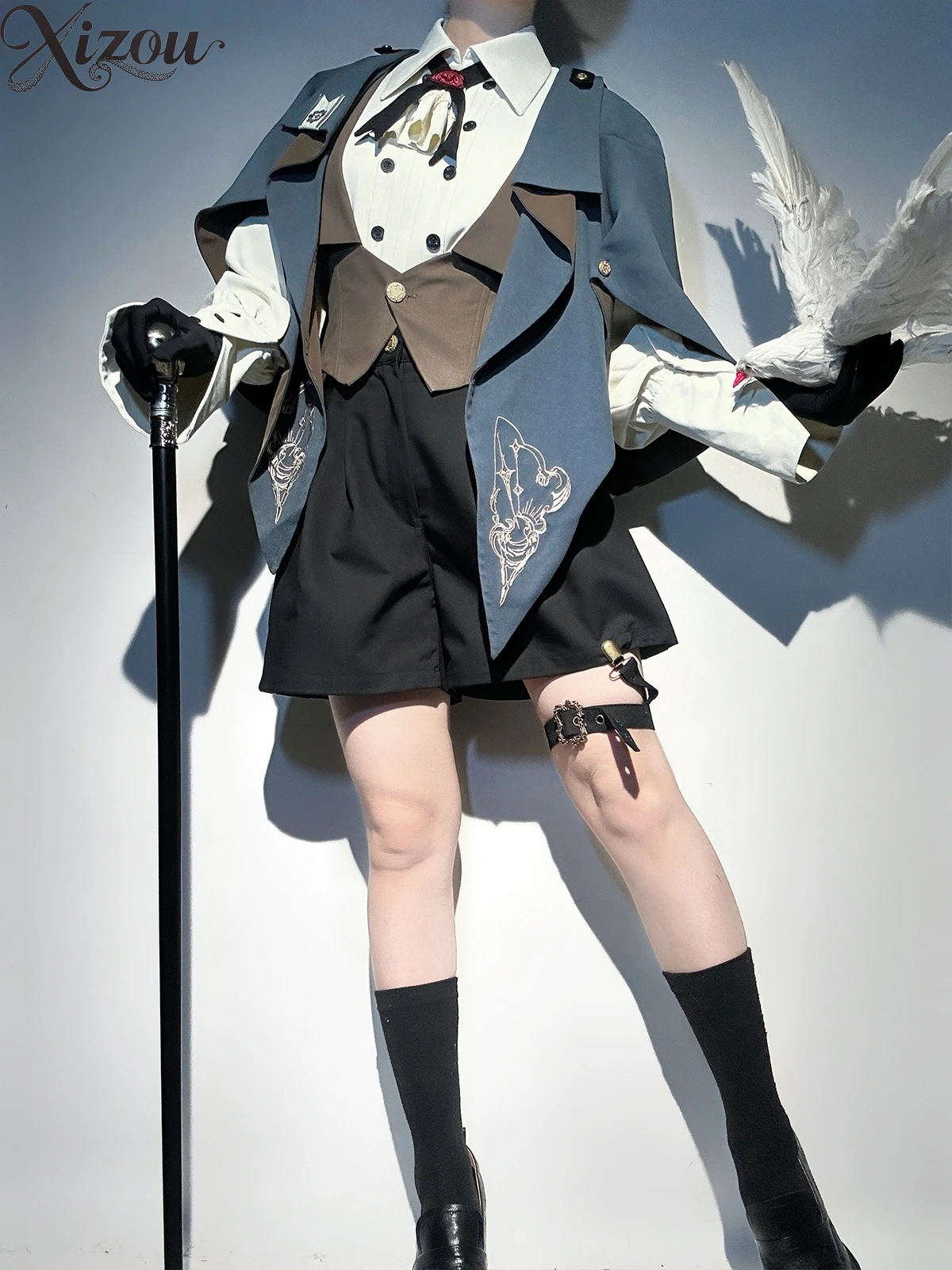 

Lolita Prince Detective Knight Women Shirt Four-Piece Set Y2k Retro Court Cape Coat Short Shorts Cosplay Outfit Elegant Sweet