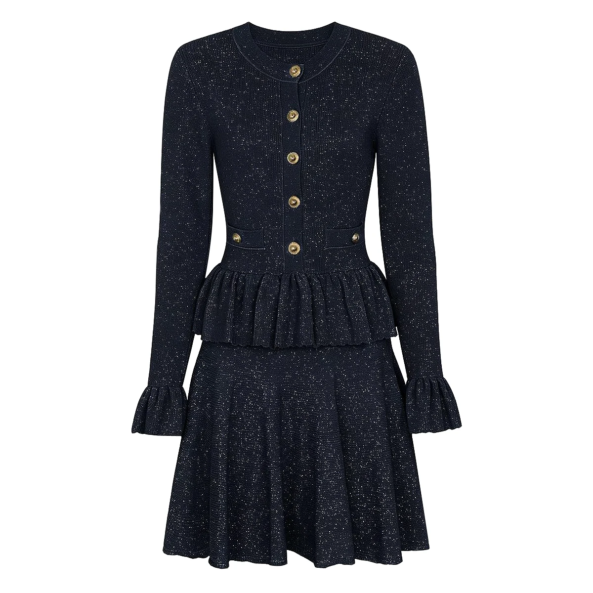 26292 High-Quality Spring And Autumn New Fashionable Women's Knitted Long Sleeved Round Neck Shiny Silk Slim Fit Short Dress