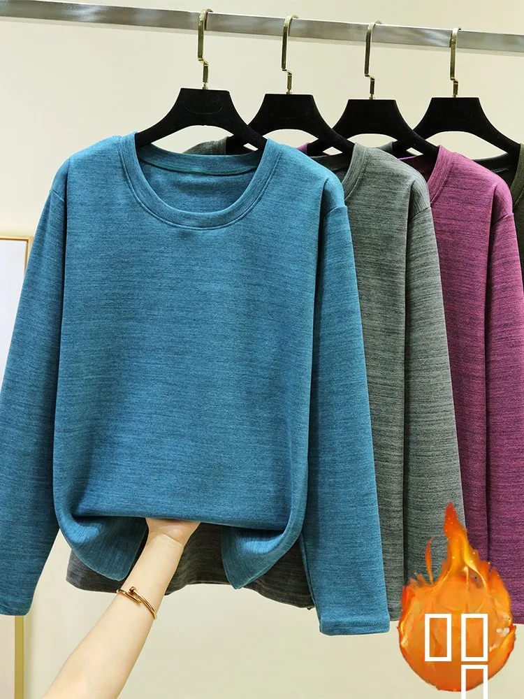 

Loose Long Sleeve round Neck Sleepwear Top Casual Home Clothes Fleece-lined Brushed Thermal T-shirt for Men Winter Leisure Home
