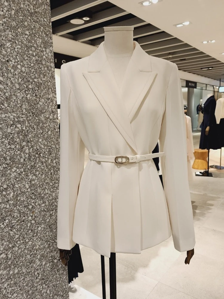 

Faionable Belted White Suit Jaet Women's Spring Autumn New Sle Elegance Small Busin Outerwear Polyester Pure Color