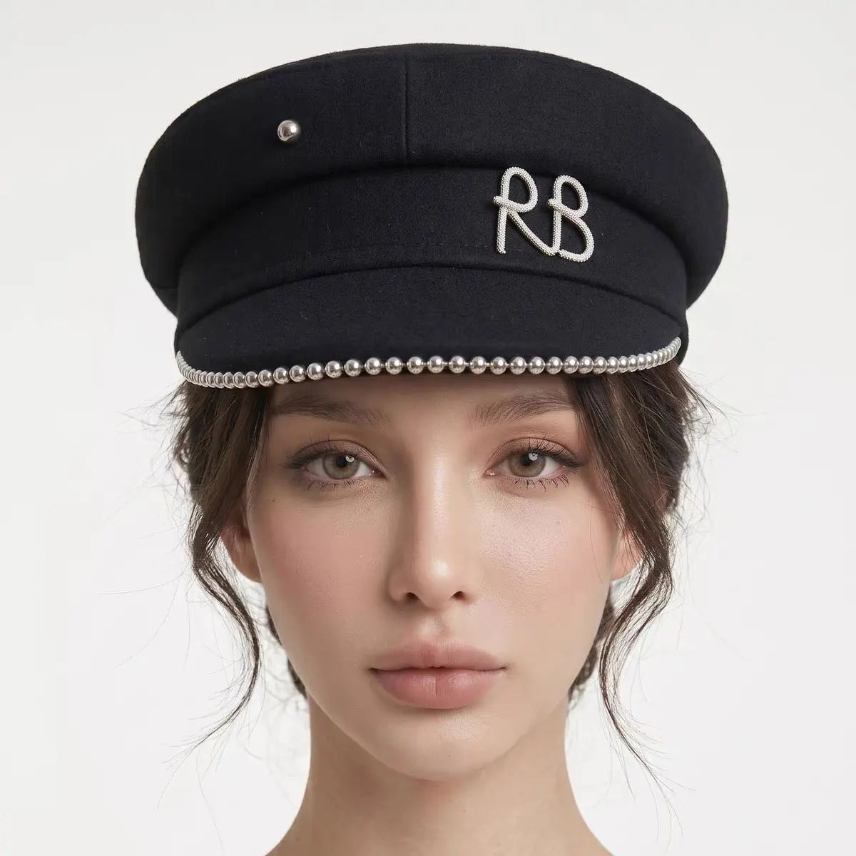 High Quality Pearl Sewn Letter Newsboy Hat For Women Autumn Winter Black Wool Flat Top Navy Hat Berets Fashion Painter's Hat
