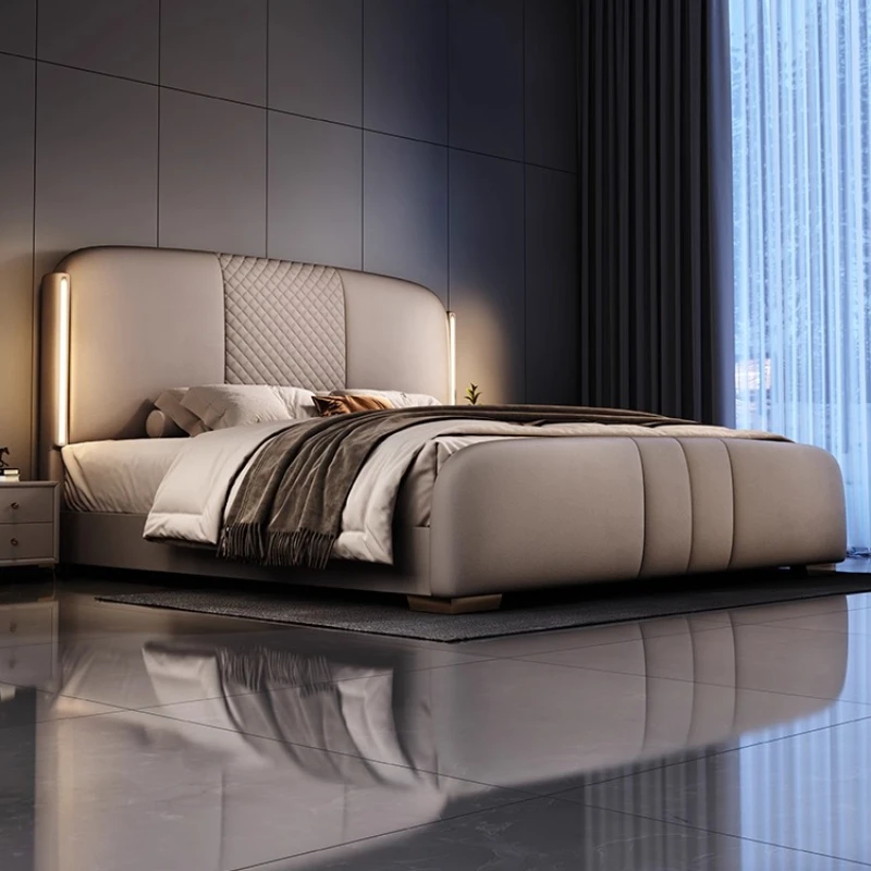 leather double bed simple fashion soft comfortable bedroom beds wooden interior luxury camas de dormitorio Minimalism furniture