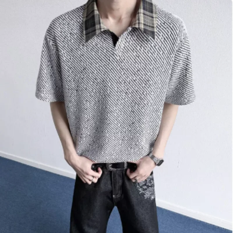 Plaid patchwork collar short-sleeved T-shirt for men - summer new design, American retro, thick and loose, half-sleeved polo shi