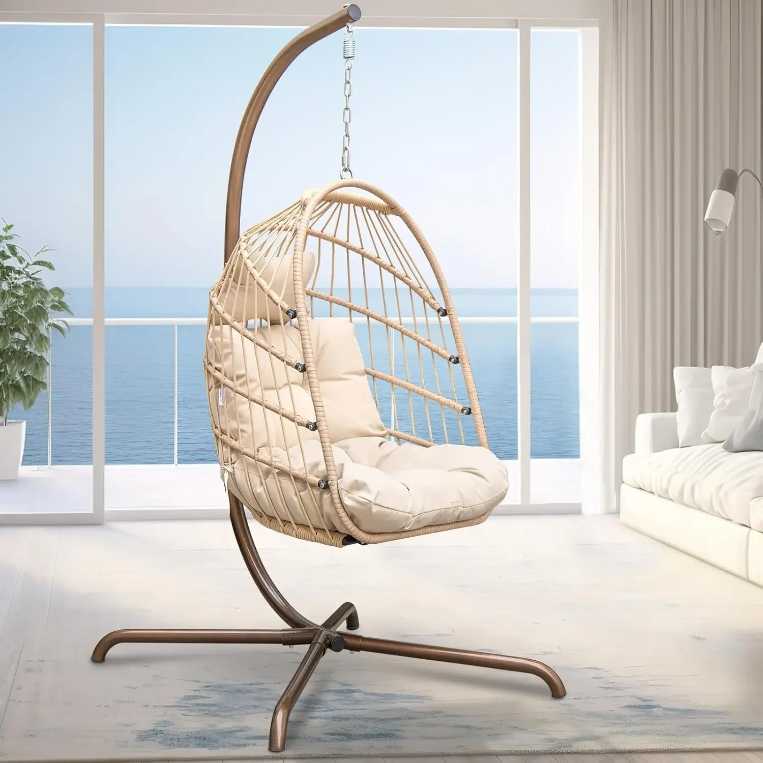 Egg Chair with Stand Outdoor Swinging Egg Chair with Water Resistant Cushions PE Rattan Wicker Egg Chair Foldable Basket