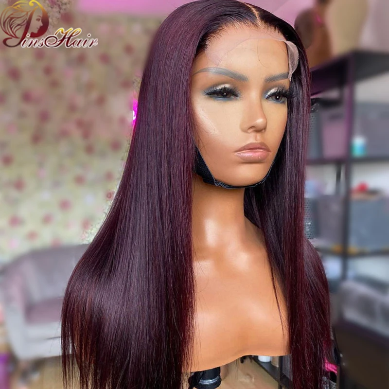 Peruvian Straight Wig Burgundy Red Lace Front Wig 99J Colored 13×6 Lace Frontal Wigs Human Hair 180 Density Transparent Lace Wig