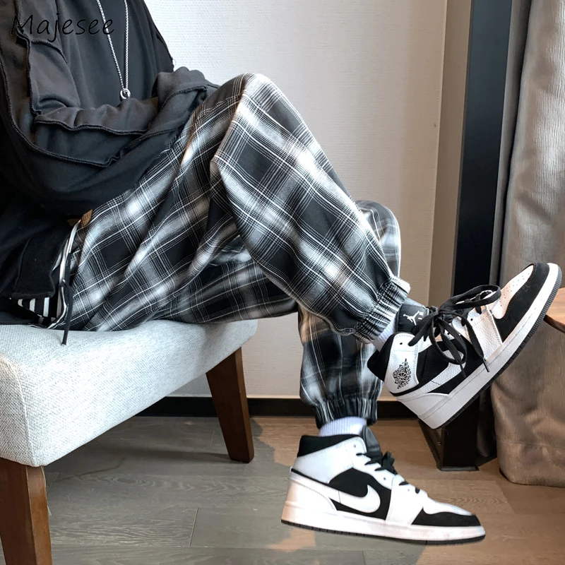 

Men Casual Pants Ulzzang Plaid Baggy New Arrival Hip Hop Streetwear Autumn Fashion Teens All-match College Simply Ins Male Cool