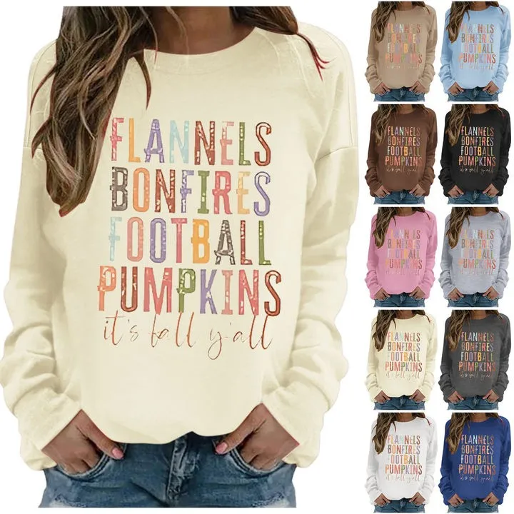 Women Football Sweater: Flannels Bonfires Football Pumpkin Tops Fall Pumpkin Pullover Plus Size Sweatshirts For Women