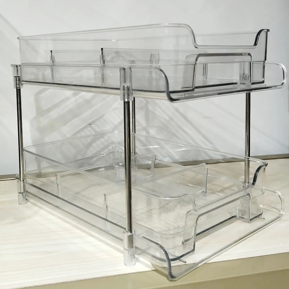 

Under Sink Drawer Organizer Double Tier Stainless Steel Pet Material Slide Out Vanity Storage for Bathroom Kitchen Cosmetics and