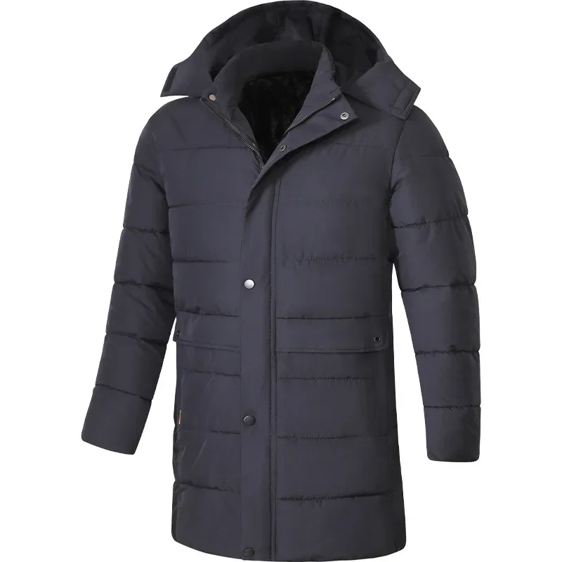

Winter Men Coat New Thicken Warm Mid Length Stand Collar Male Down Outerwear Long Sleeve Pocket Detachable Hooded Man Jacket