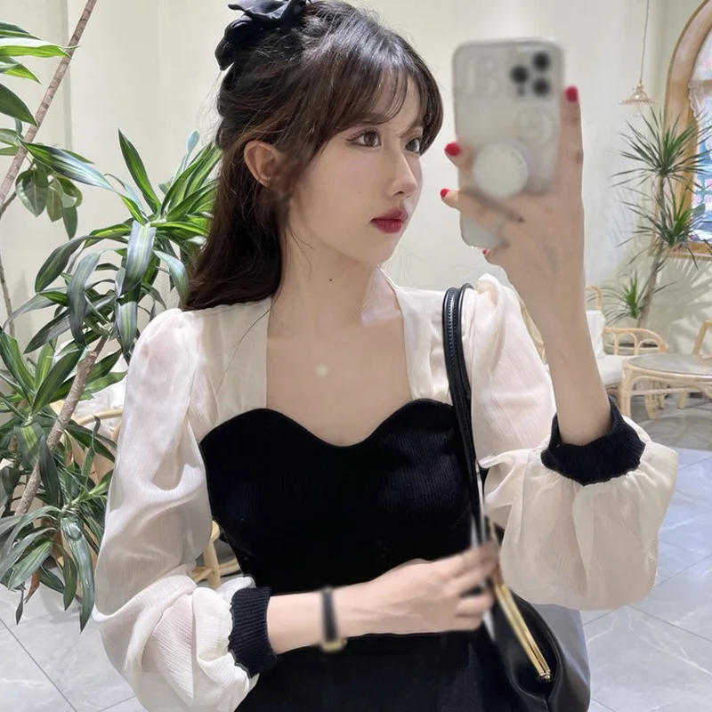 Korean Bubble Sleeve Blouse Fashionable Slim Versatile Elegant Long-sleeved Blouse French Square Neck Splicing Sweet Top