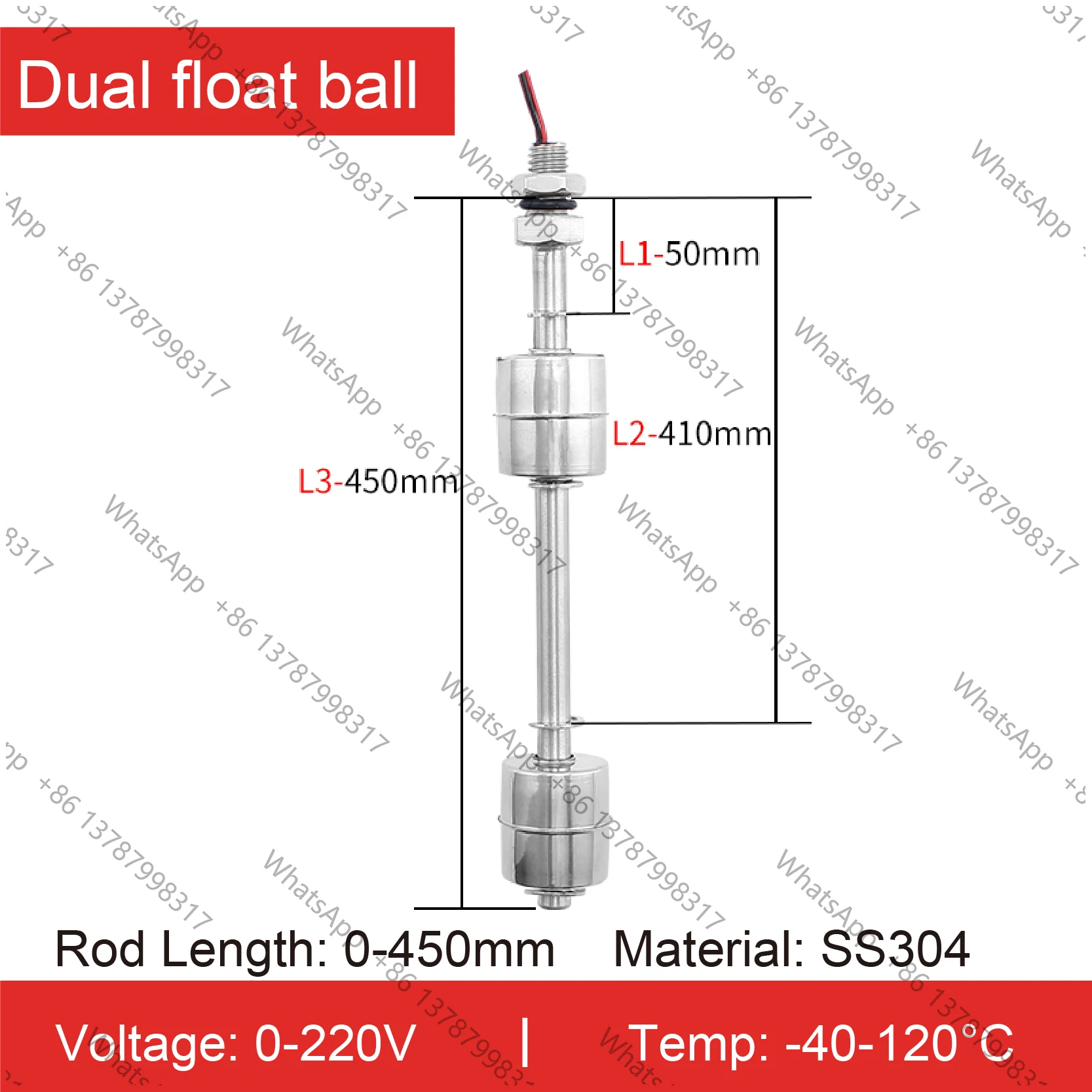 304 Stainless Steel Dual Float Switch Liquid Level Controller, Water Level Sensor for Tank, High Low Liquid Level Switch