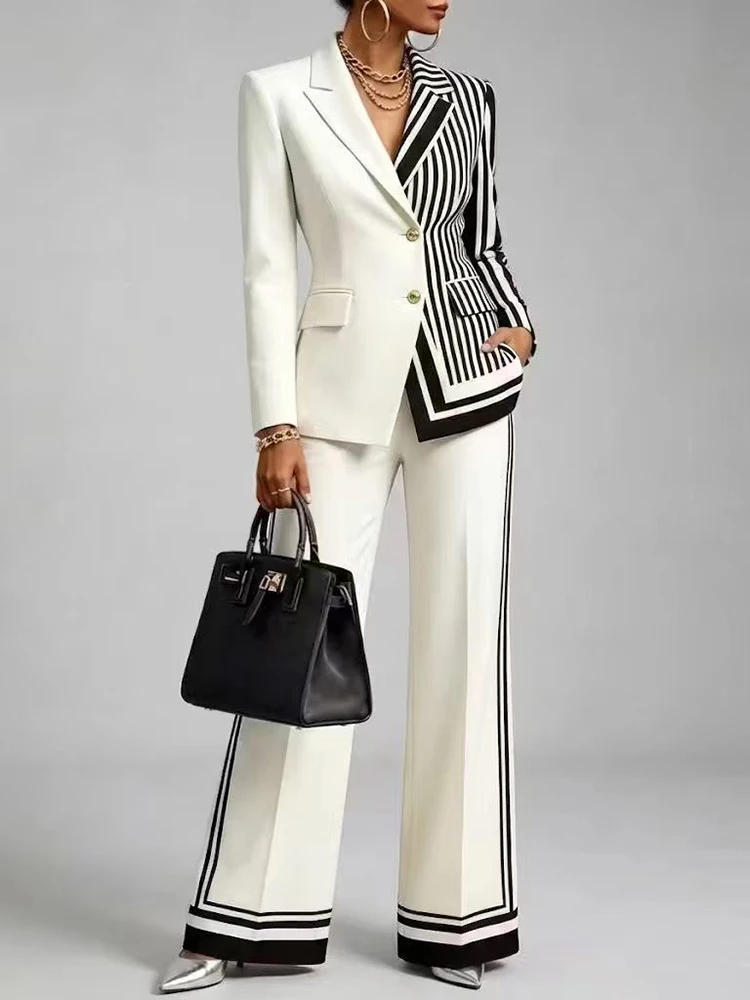 High-end Stripe Printed Contrast Color Jacket & Pants Sets Lady High Waist Pocket Pants Sets Autumn New Casual Commute Two Piece