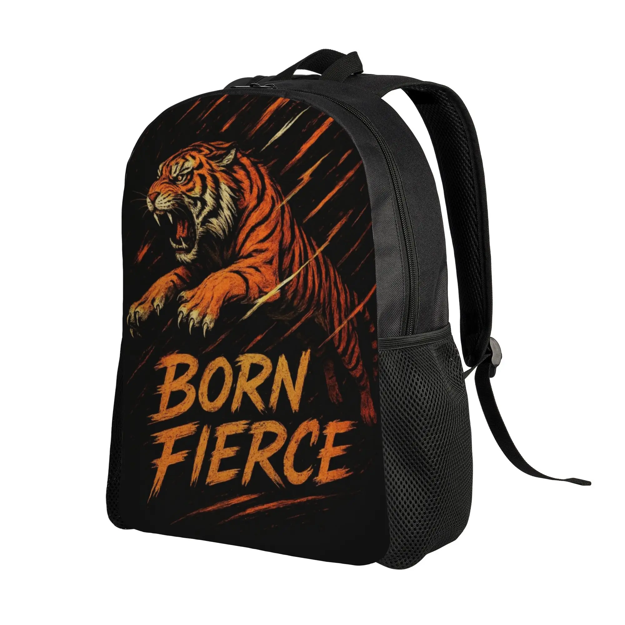 Back to school season Retro Washable Born Fierce Tiger Quote Design Knapsack  Men Women Adult Backpack