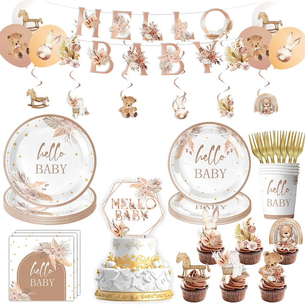 Bonjour bébé fille garçon fête d'anniversaire bébé douche vaisselle assiettes serviettes tasses décoration de gâteau bébé 1er anniversaire décorations de fête