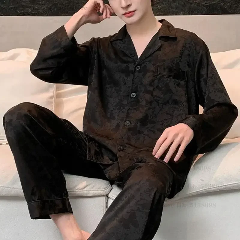 Men's Ice Silk Jacquard 2PCS Pajamas Set Spring Summer New Sleepwear Male Lounge Wear Loose Casual Homewear Satin Pijama Mujer
