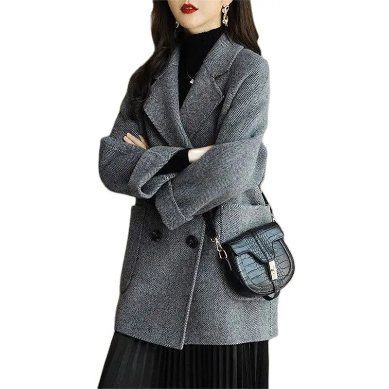 Frauen Zweireiher Wolle Mischungen Mäntel Herbst Winter Revers Tasche Oberbekleidung Damen losen Mantel stilvolle Freizeit jacken jh78