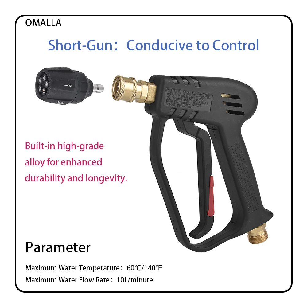 OMALLA Pistolet nettoyeur haute pression courte 1/4" connecteur rapide + buse cinq en un en forme d'éventail