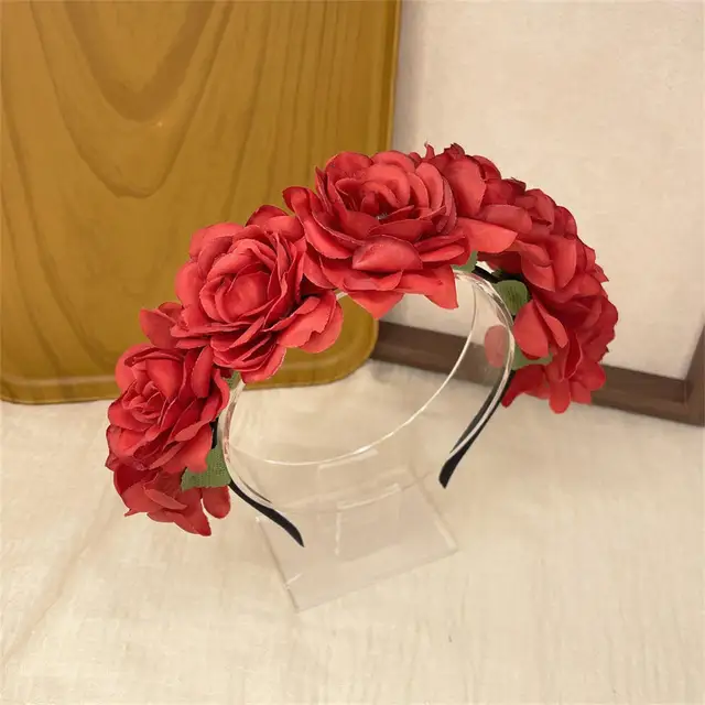 Duża różana opaska na głowę Halloween Day Of The Dead Red Rose Flowers Nakrycie głowy Kwiatowa opaska do włosów Party Cosplay Akcesoria do włosów 2025