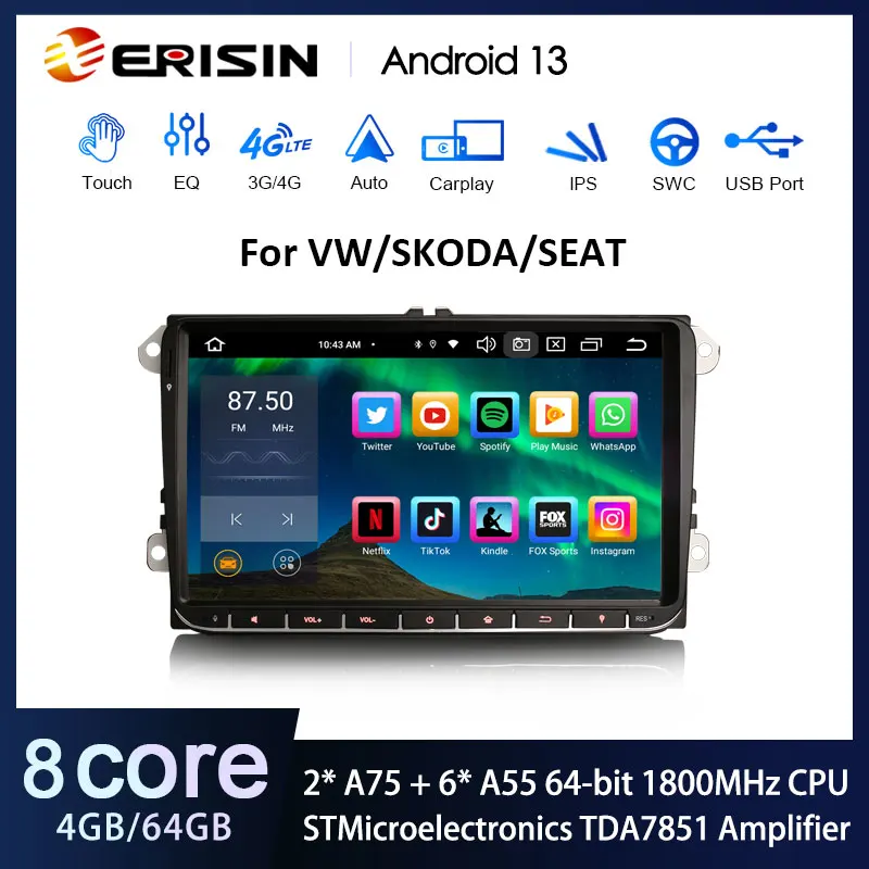 Erisin ES8528V 8-Core Android 13.0 Wireless CarPlay Auto Stereo SWC For VW Passat Polo Golf Jetta Tiguan T5 Beetle Autoradio GPS