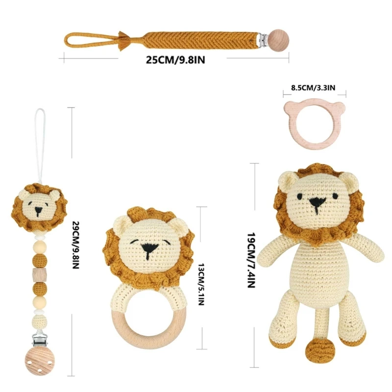 Łańcuszek smoczka zestaw w tym klips do przypinania smoczka Baby Teether raffle-bell Crochet-Baby Lion-Doll prezent na przyjęcie bociankowe dla niemowląt