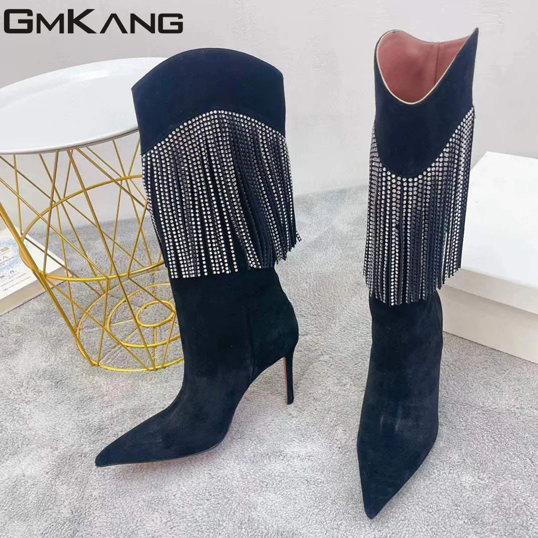 Sexy High Heels Knee High Boots Women Real Suede Long Boots Rhinestone Fringes Runway Shoes Stiletto Modern Boots Woman Botas