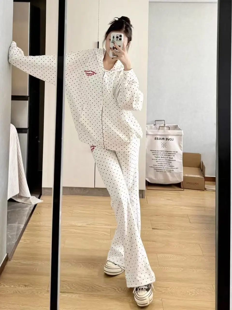 

Spring Autumn Polka Dot Letter Embroidery Double Zipper Hoodie Women's Loose Wide Leg Pants Two Piece Set Casual Fashion