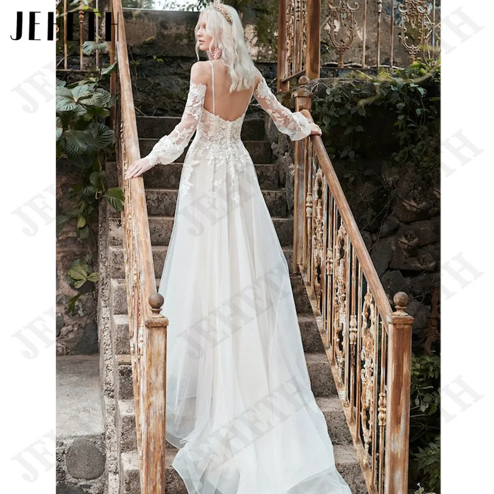 JEHETH Spaghetti Straps V-Neck Wedding Dress Puff Sleeves Appliques Bride Gowns A-Line Tulle Backless Buttons vestidos de novia