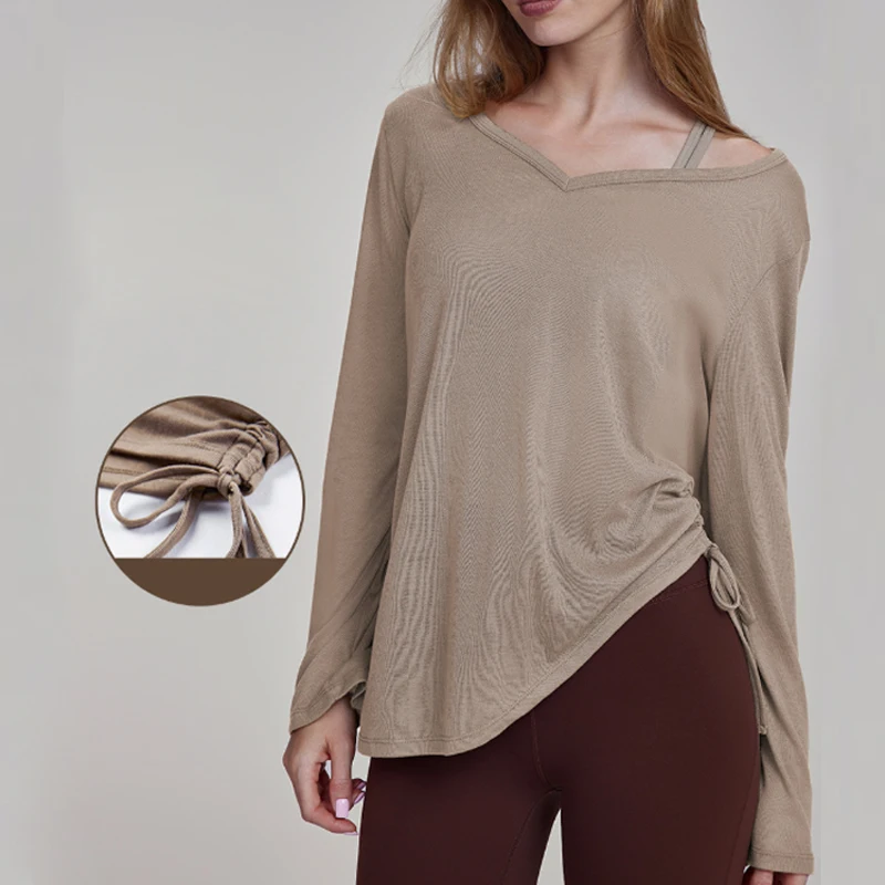 Aiithuug Side Ruched Yoga Long Sleeve Loose Yoga Shirt Casual Gym Top Quick Dry Yoga Tops Drawstring  Pilates Top Workout