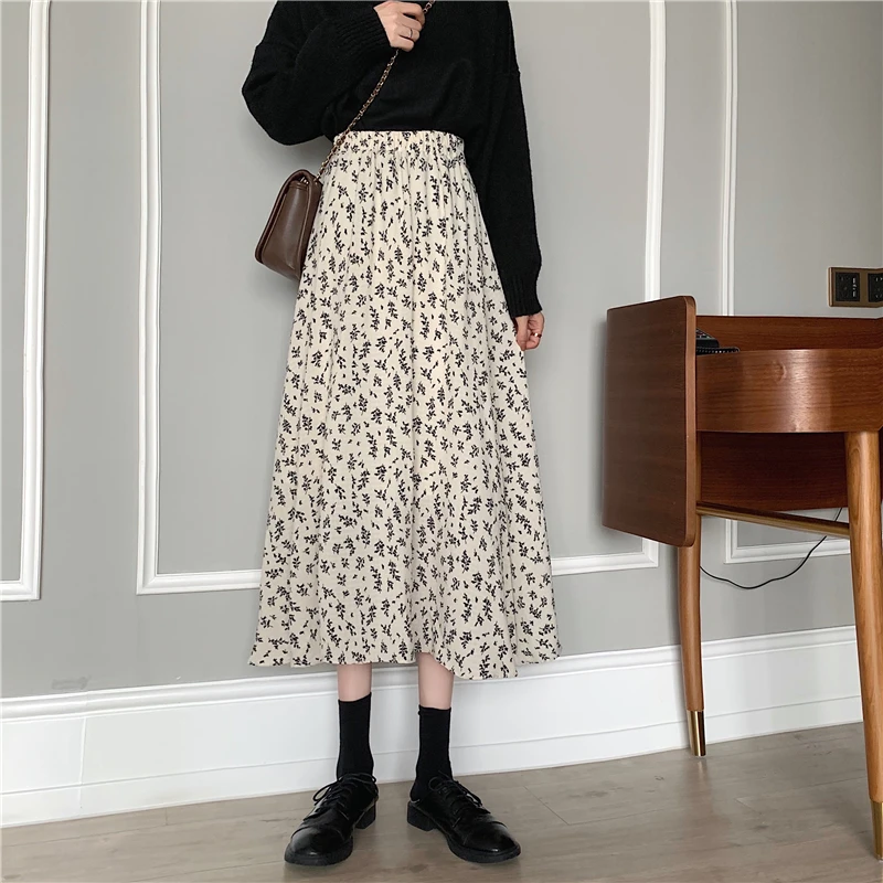 Jupe mi-longue à taille élastique pour femme, vêtement Vintage, motif Floral, élégant, Streetwear, Harajuku, printemps été