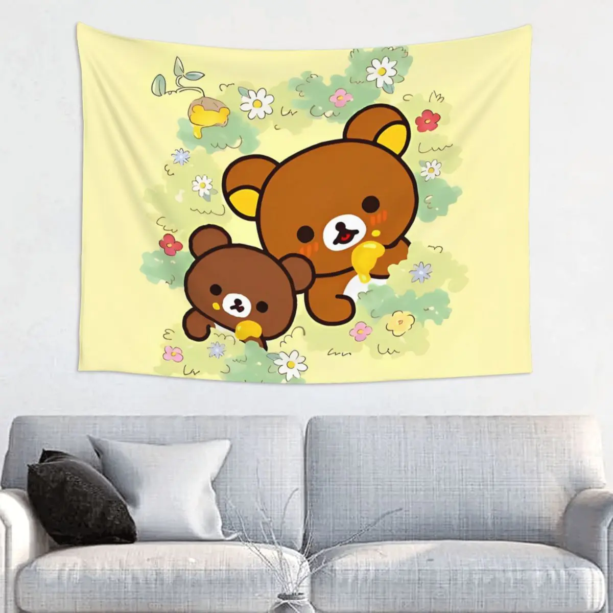 Rilakkuma Kogumachan Eat Honey Tapestry Wall Hanging Hippie Polyester Tapestry Cute Bear Art Wall Blanket Room Decor Tapiz