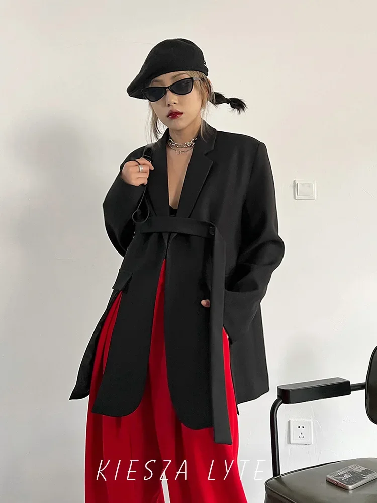 2024 New Arrival Street Style Blazers for Women with Creative Design and Belted Waist European and American Style with Split Hem