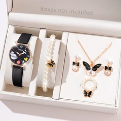 6PCS/Set Women Quartz Watch Pu Leather Strap Wristwatch Fashion Dial Watch Butterfly Jewelry Set Gift For Her