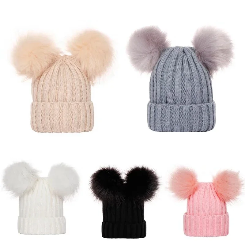 Men Women beanie solid color fashion New keep warm stripe casual crimping double pompom hat winter hat