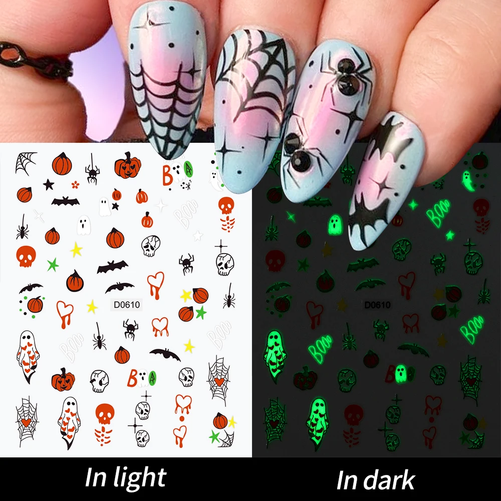 1Pcs Luminous Halloween Nail Art Sticker 3DGhost/Pumpkin/Skull Glow-In-Dark Sliders 8*10CM Blood Vessel Eyeball  Halloween Decal