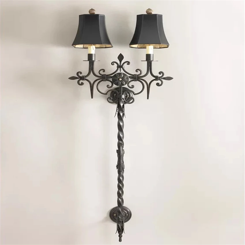 

Custom black vintage double head wall lamps antique iron old living room light villa lamps bedroom bedside lamps fixtures