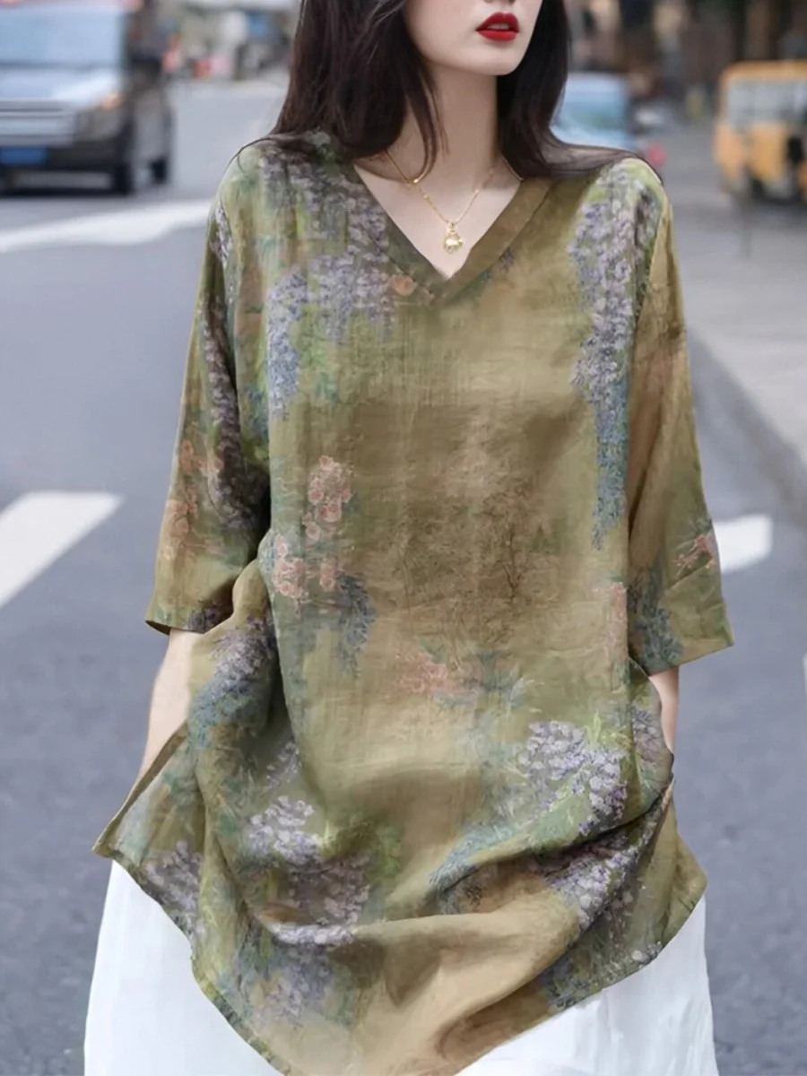 

Loose Casual Summer Linen Shirt Women's Mid-Sleeve V-Neck Mid-Length Top plus Size Comfortable Breathable Female Clothing