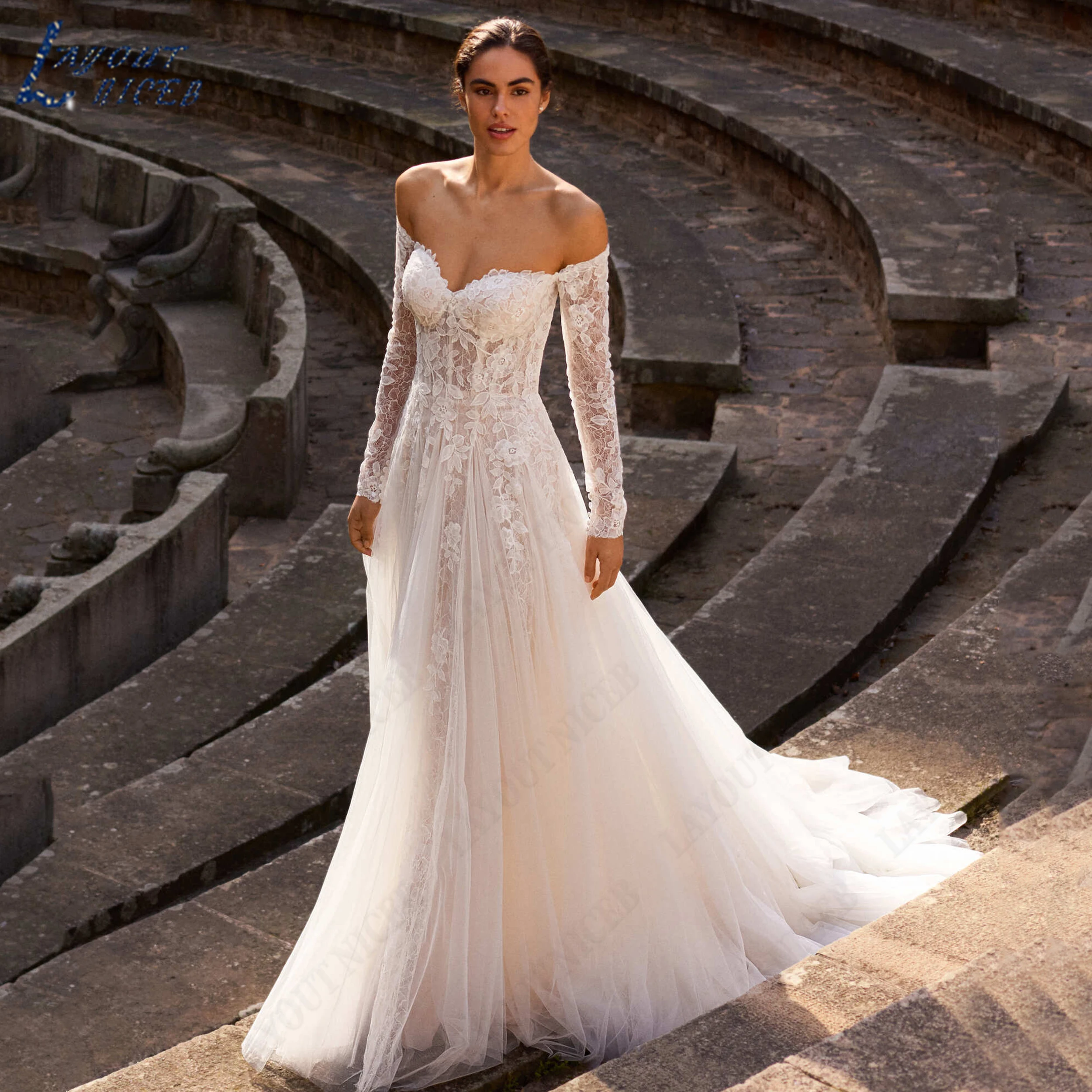 LAYOUT NICEB Customized Off Shoulder Sweetheart Lace Bridal Gown Sheer Floral Sleeve Airy Tulle A-line Low Back Wedding Dress