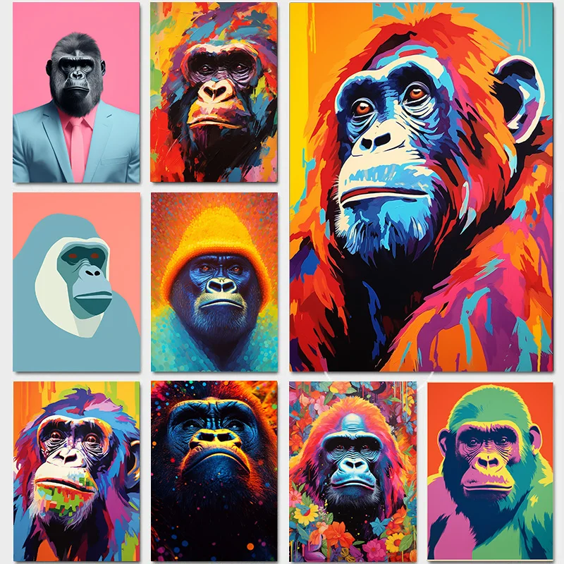 1pcs Canvas Painting of Colorful Orangutan Wearing Suit With Garland in Crowd Decoration for Bedroom Decor Wall Decoration Frame