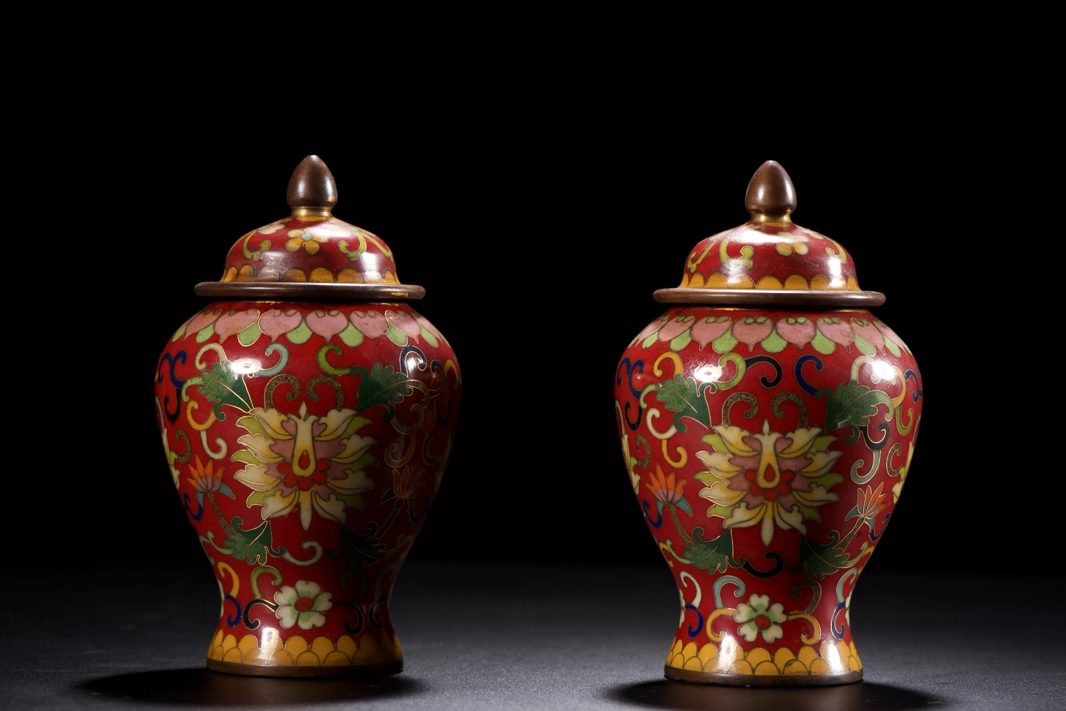 Old Bronze Cloisonne Enamel Lotus texture General tank storage jar a pair Study screen Amass wealth Ornaments Town house