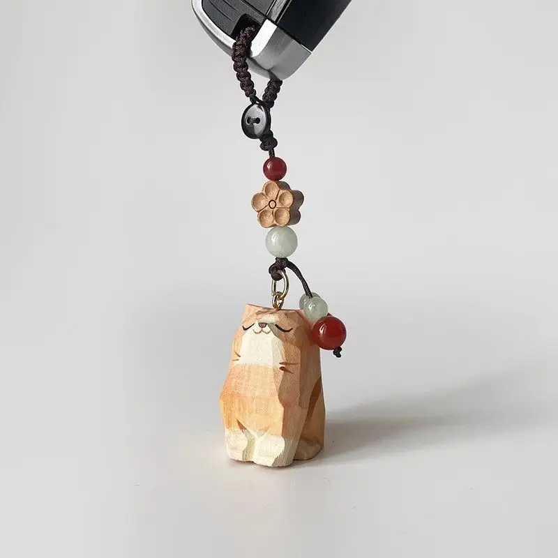 Wood Carving Car Pendant Lucky Cat Handmade Car Keys Pendant Charms Retro Cute Mobile Phone Chain Wooden Bag Pendant Accessories