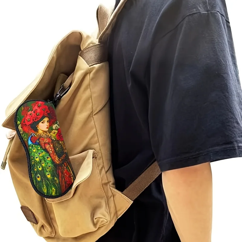 Vintage Woman Peacock Print Glasses Case Retro Floral Sunglasses Organizer Pouch with Carabiner Cute Travel Eyeglasses Holder