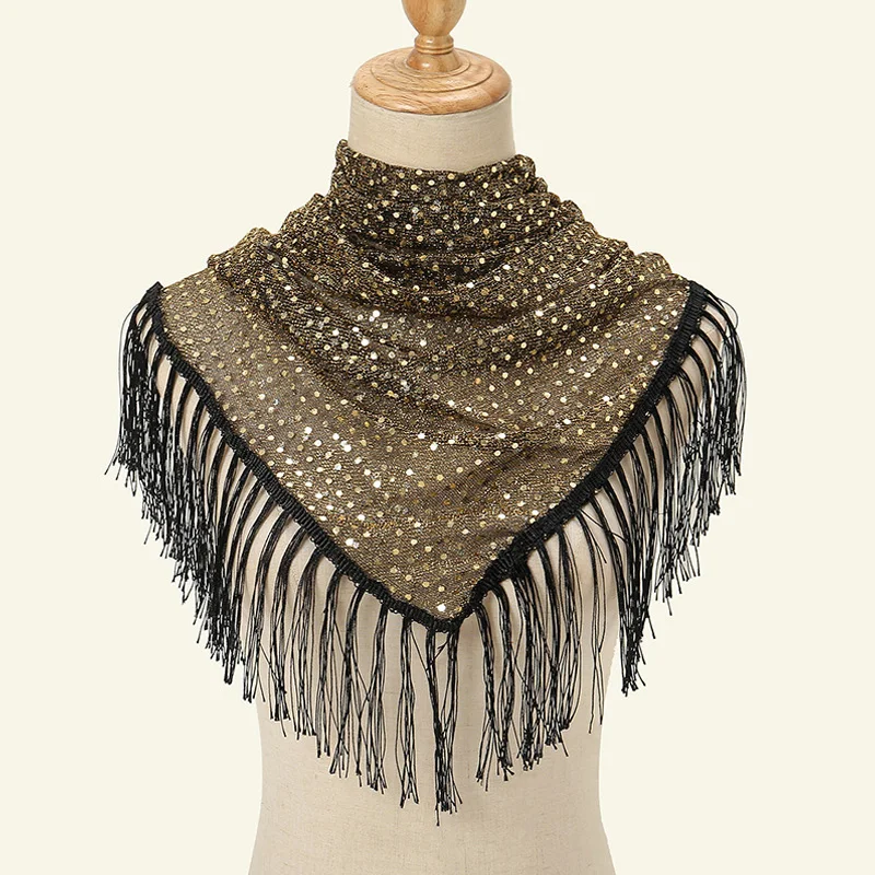 Korean Version Of New Sequin Hollowed Out Lace Whisker Tassel Triangular Scarf For Women's Commuting Versatile Scarf Fashion