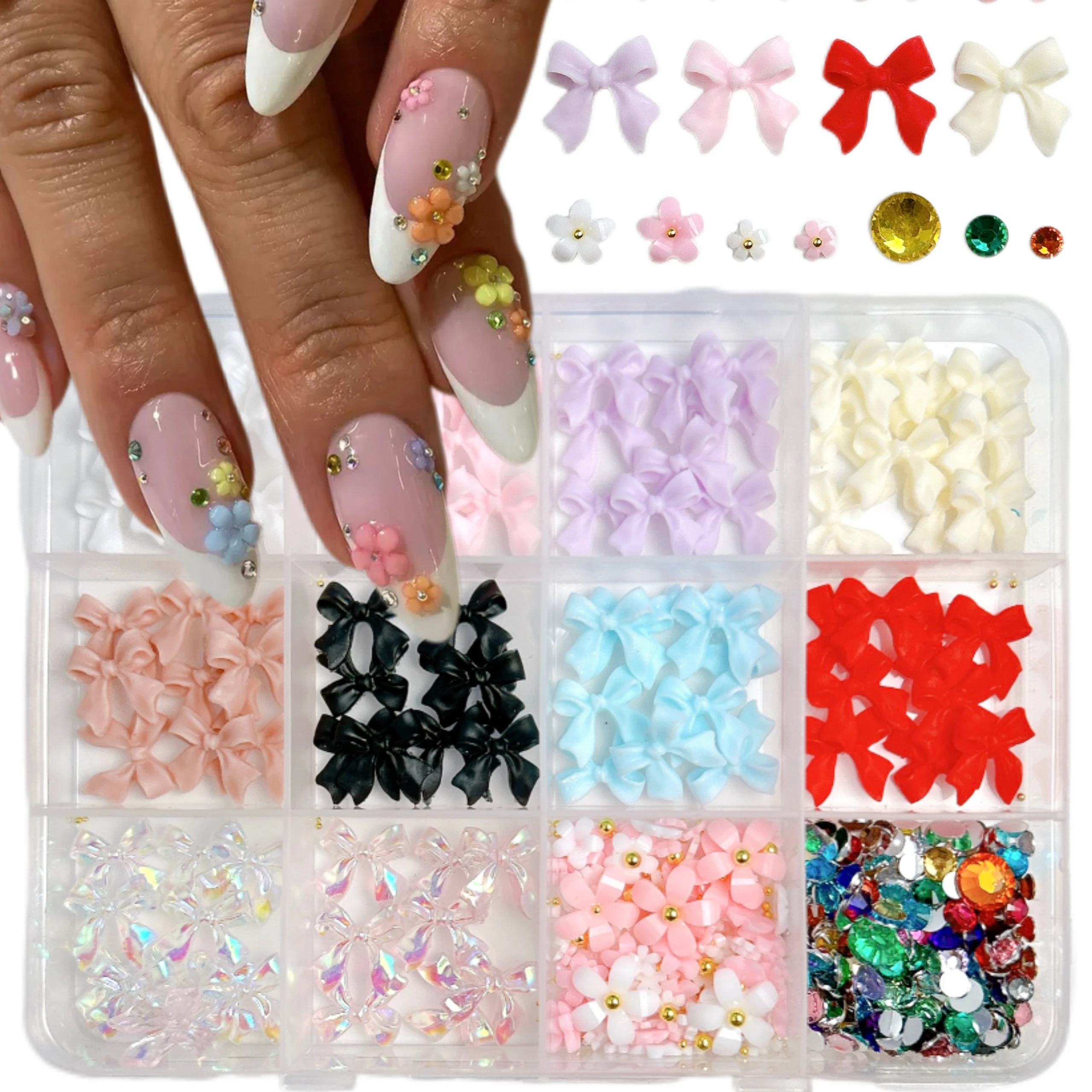 1箱単色ミニマリスト風リアルパールネイルチャーム3DスイートボウフラワーミニラインストーンミックスネイルアートデコレーションDIY