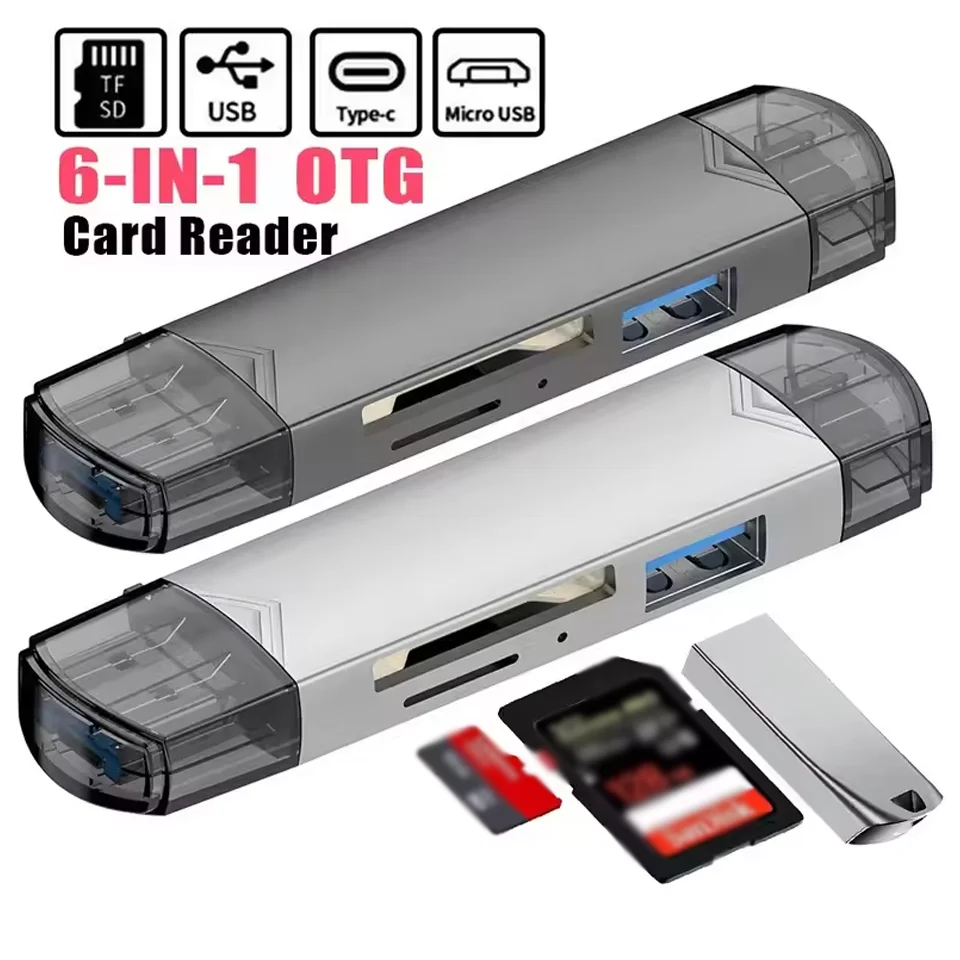 6 In 1 Type C OTG Adapter SD TF Card Reader USB Connector For iPhone 15 16 Pro Max Samsung Xiaomi Phones