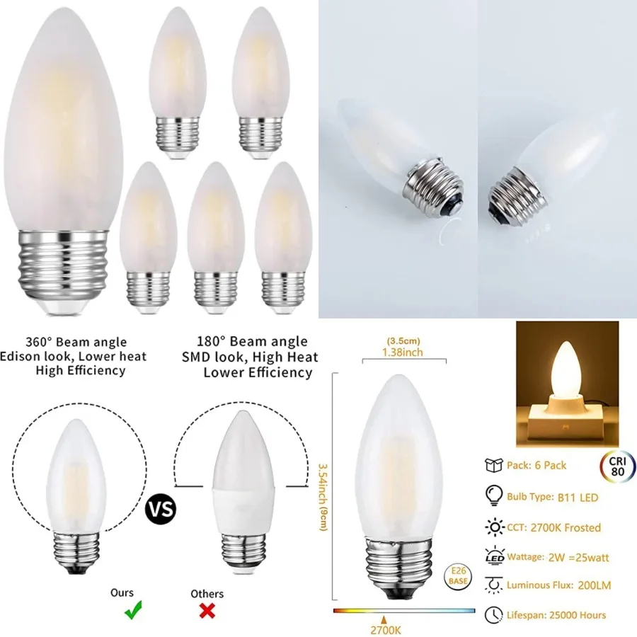 

E26 Candelabra Light Bulbs Frosted Chandelier Light Bulbs 25watt Equivalent 2700K Warm White B11 Torpedo Tip Dimmable 2W LED De
