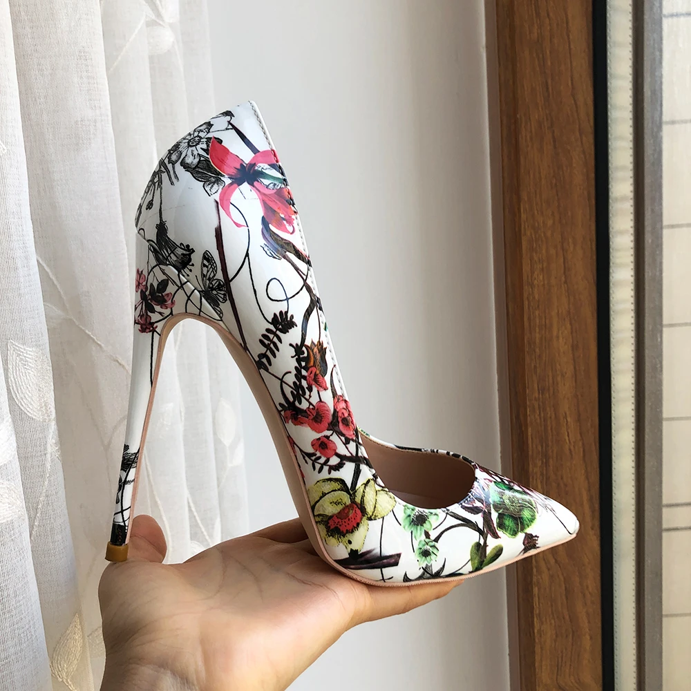 Tikicup Flower Printed Women White Patent Pointy Toe High Heel Wedding Party Dress Shoes 12cm 10cm 8cm Floral Stiletto Pumps