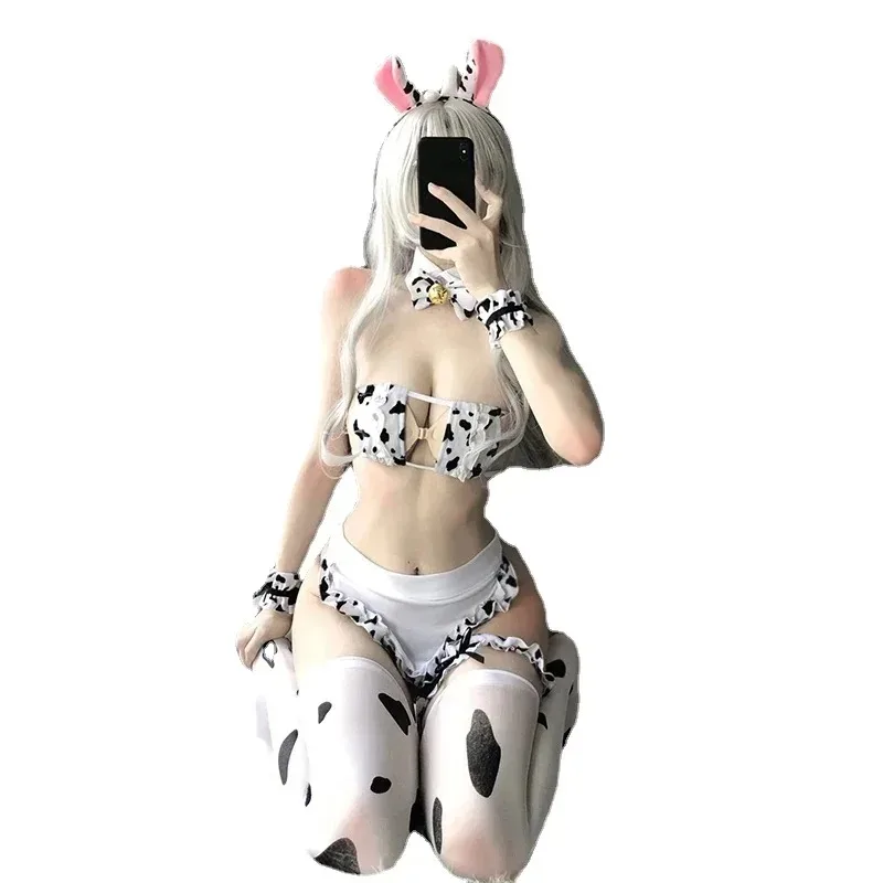 

Anime Cos Cow Cosplay Women Sexy Costume Lingerie Maid Uniform Cute Lolita Bra and Panty Set with Stockings