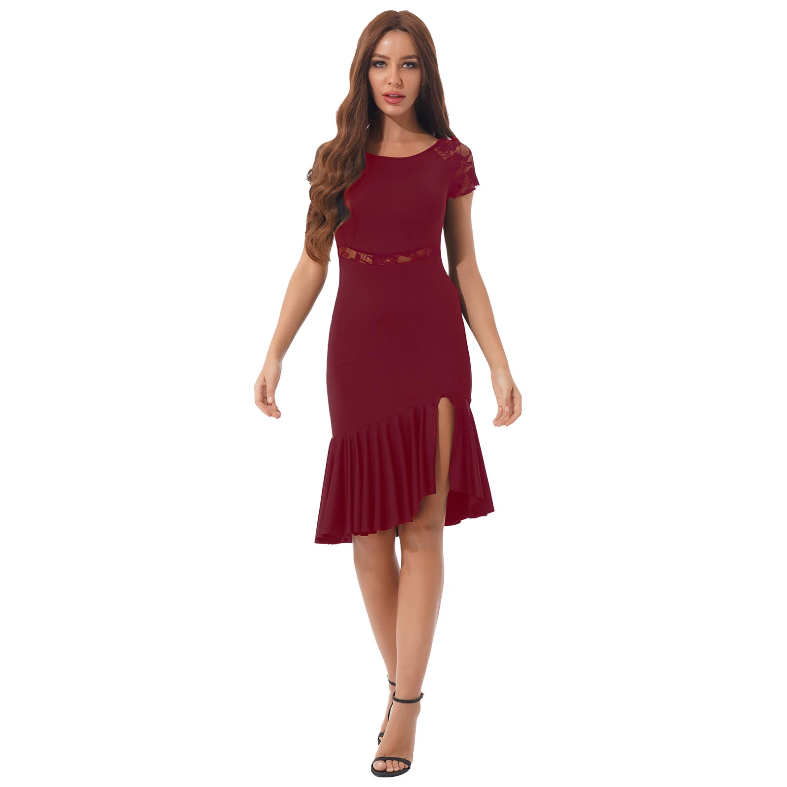 Vestido de baile latino para mujer, traje profesional de encaje con retazos a los lados, Swing, Irregular, Rumba, Tango, Chacha, ropa de baile de salón