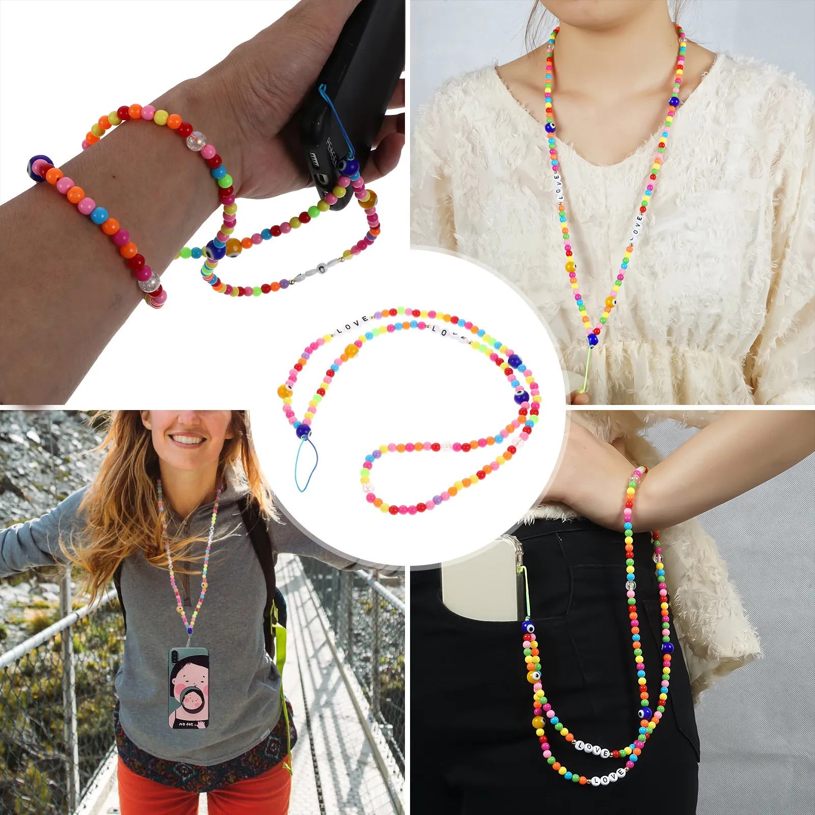 1Pcs Rainbow Glass Beads Phone Lanyard Premium Quality Universal Hanging Neck Strap for Camera Gadgets